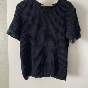 Banana Republic Black Knit Short Sleeve Sweater w/ leather like trim on sleeve